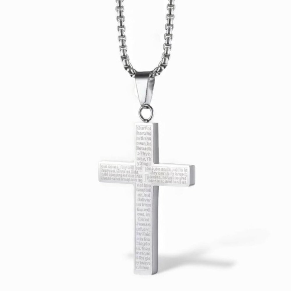 NEW - Titanium Stainless Steel carved cross pendant necklace 24IN - SILVER